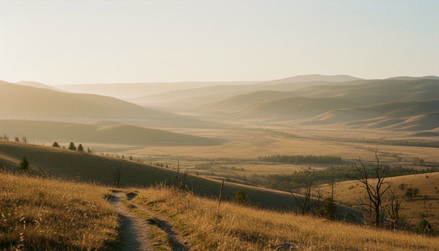 A footpath winding through golden hills at dawn, with valleys fading into haze